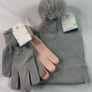 Cozy Gray and Pink Kids Winter Hat and Gloves Set